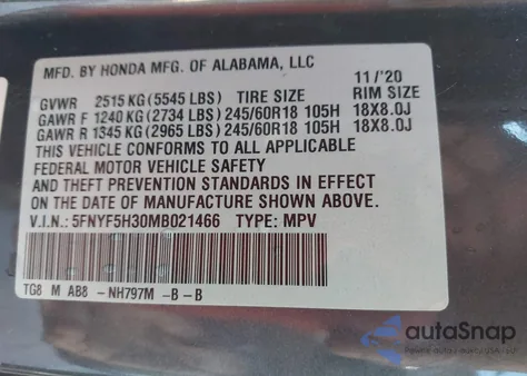 2021 Honda Pilot Ex z USA, uszkodzony, nr VIN 5FNYF5H30MB021466